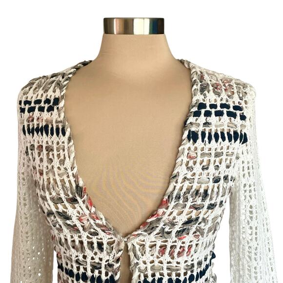 Zozo Crochet Cream Cardigan SMALL Linen Blend Beachy Coastal Boho Grannycore - Picture 2 of 9